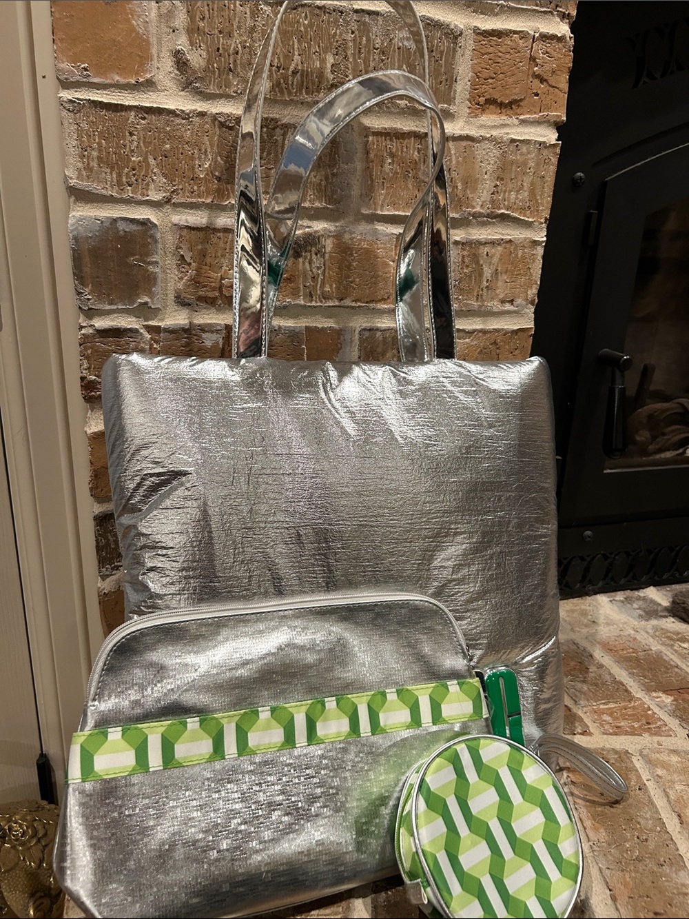 Silver Cosmetic Tote, Bag, and Clutch with Green Geometric Trim